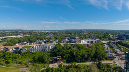 Obraz premium Aerial shot of office buildings, apartments and homes in downtown Cleveland Ohio USA