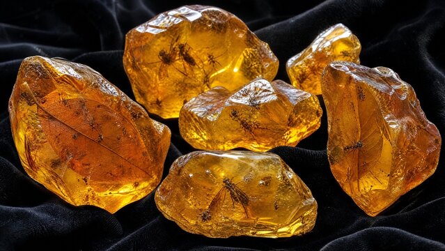 Several raw amber copal resin pieces on black velvet with ancient inclusions.
