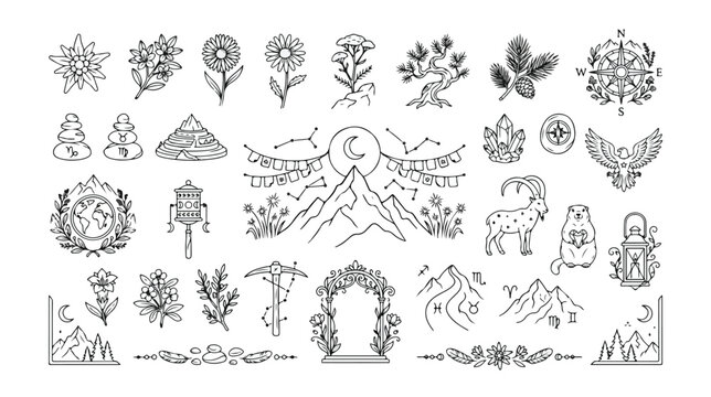 Himalayan spiritual vector icon set, hand-drawn black and white line art, mystical mountain and nature elements, traditional Asian symbols for travel and wellness design, 36 unique illustrations