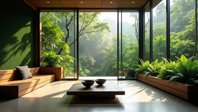 Wooden zen lounge with moss wall, big glass windows facing misty green jungle