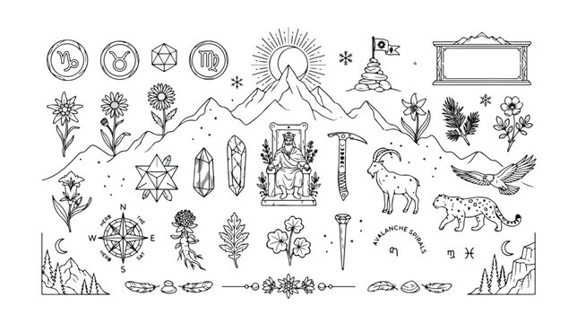 Mystical mountain adventure vector icon set, nature-inspired celestial and zodiac symbols, magical wildlife and botanical elements, spiritual exploration graphics for branding and design projects
