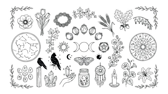 Mystical celestial vector icon set, hand-drawn black and white esoteric symbols, magical nature elements, witchcraft illustrations for spiritual designs, occult branding, and bohemian decor