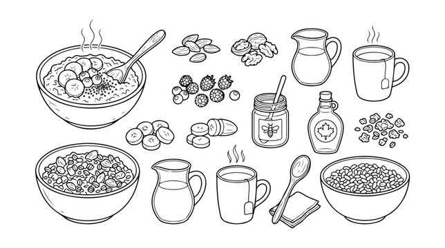 Healthy breakfast food vector line art collection, hand-drawn oatmeal, cereal, nuts, berries, honey, and maple syrup, monochrome morning meal ingredients for menus and wellness designs