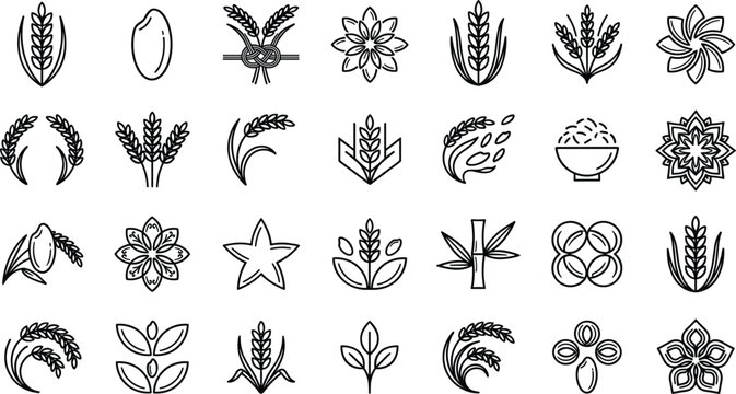 Rice Paddy and Wheat Agriculture Icon Set Outline Grain Leaf and Organic Food Symbols for Farming Brands Logos and Package Designs Vector