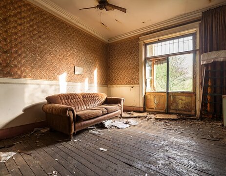 run down sunlit room peeling wallpaper wooden floor brown sofa and miscellaneous objects create an abandoned feel
