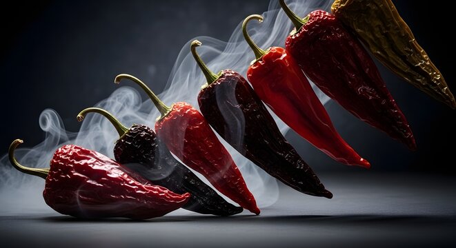 Row of smoked chili peppers with wisps of smoke on a dark background