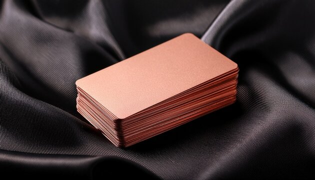 stack of blank copper business cards on elegant black fabric