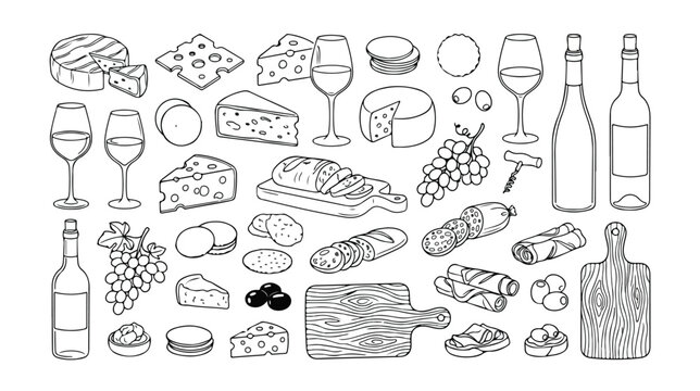 Gourmet Wine and Cheese Board Delights, Hand-Drawn Vector Collection. Artisanal Food and Drink Elements, Perfect for Menus, Invitations, and Culinary Designs.