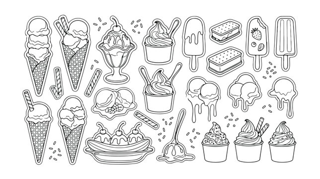 Delicious ice cream vector sticker set, various frozen dessert illustrations, sweet treat collection, summer food graphic elements for menus and packaging design
