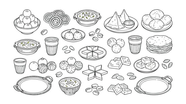 Traditional Indian Sweets and Snacks Vector Line Art Collection, Hand-Drawn Doodle Style Desserts, Savories, and Beverages for Cultural Celebrations, Food Menus, or Recipe Illustrations