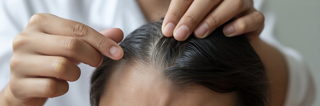 A person examining their hair loss and thinning at the roots closely
