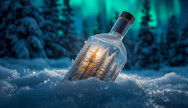 A snow-covered landscape featuring a bottle of alcohol, which contains a small tree inside it.