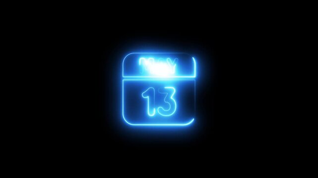 Neon glowing calendar date may 13th sign animation