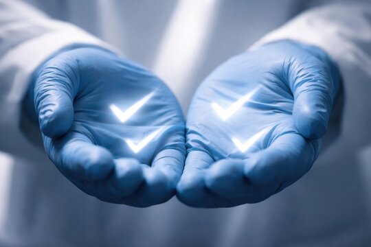 Hands in blue gloves display two illuminated check marks, representing validation or approval, set against a soft-focus background in a clinical environment