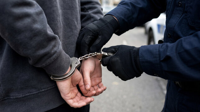 Police officer arresting a suspect and putting handcuffs on their wrists
