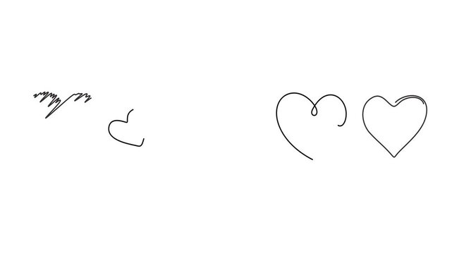 Animated self drawing of continuous line draw of  Heart One Line Art Set Love and Romantic Symbols.    Full length one line animation. 4K