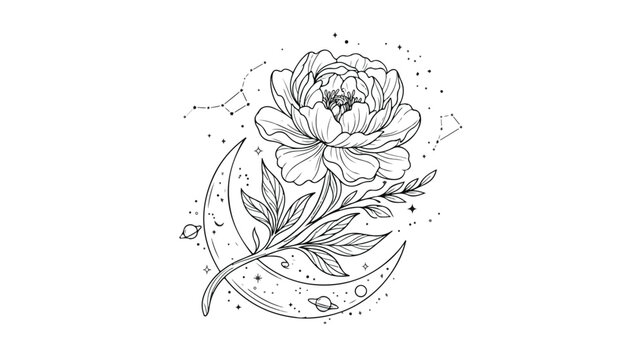 Elegant celestial peony flower vector illustration, mystical crescent moon and botanical elements, intricate line art design for spiritual branding, tattoo, or decor