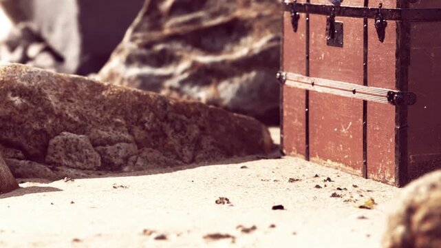 A wooden chest sits near rocks on a beach. Sand covers the ground, and sunlight shines down, creating shadows. Small bits of nature surround the chest.