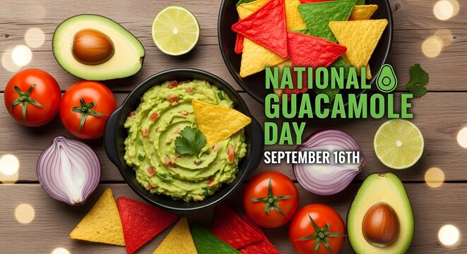 National guacamole day composition with fresh ingredients and tortilla chips on wooden background