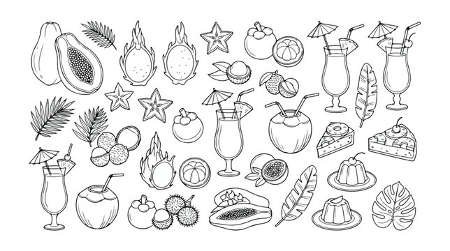 Tropical Fruits and Cocktails Vector Set, Exotic Summer Drinks, Papaya, Dragon Fruit, Star Fruit, Mangosteen, Lychee, Coconut, Palm Leaves, Desserts, Outline Icons for Vacation and Healthy Eating