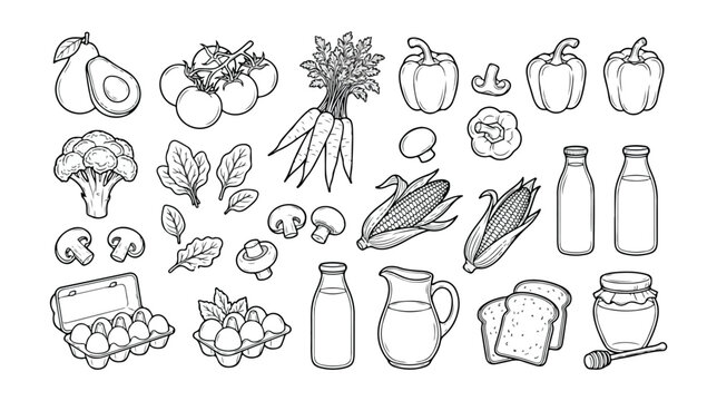 Healthy food line art vector icons, fresh produce and dairy essentials, organic grocery store elements, black and white outline illustrations for nutrition and diet concepts