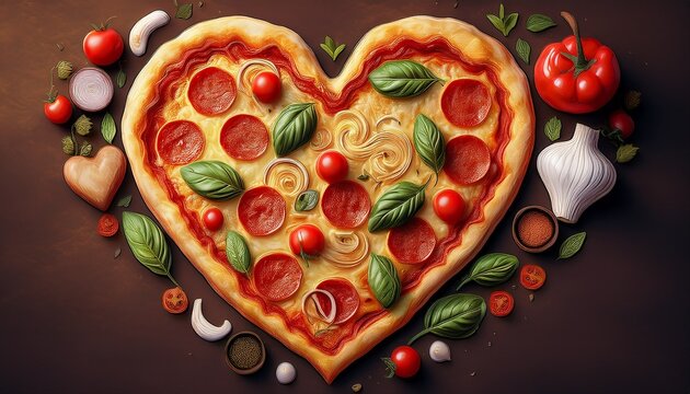 pizza heart shape with ingredients and copy spase on vintage background generative ai
