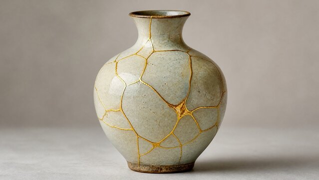 Shattered ceramic vase repaired with golden lacquer, kintsugi art on simple background.