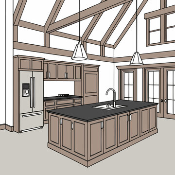 Brown modern kitchen interior with island and vaulted ceiling
