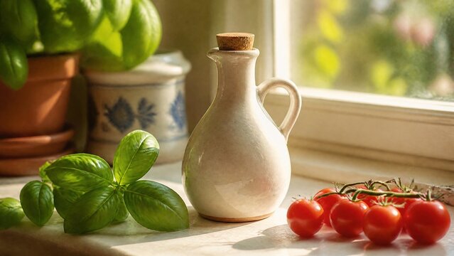 A ceramic cruet on a sunny windowsill with basil and tomatoes, warm natural light.