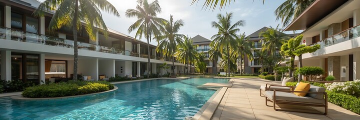 Fototapeta premium A serene tropical resort with a large swimming pool surrounded by palm trees and modern buildings