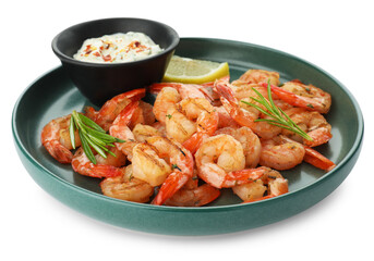 Fototapeta premium Tasty grilled shrimps with spices and sauce isolated on white