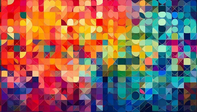 a vibrant digital mosaic of colorful squares and circles creating a lively abstract background with bright and eye catching colors