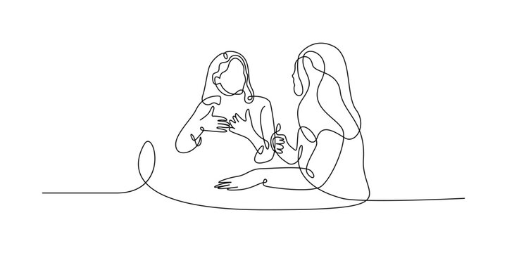 Continuous one line drawing of two women talking and having a discussion