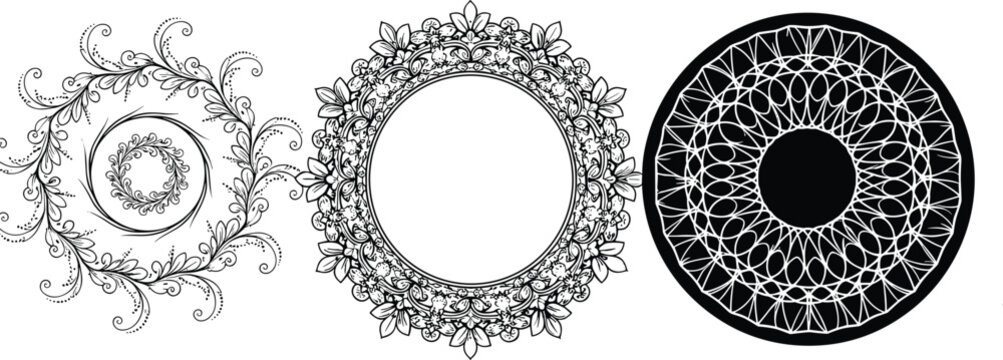 Decorative circular frames and mandala vector vector borders set black isolated design elements on white background