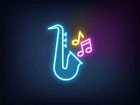 Outline neon jazz music, blue magenta yellow. Neon saxophone with musical notes. Jazz retro party, live classical music, musical festival and jazz show, golden sax melody play, music concert. Vector