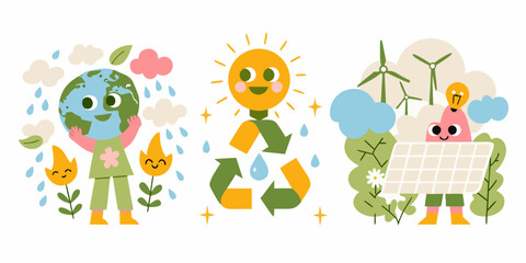 Fototapeta premium Eco Friendly Illustrations Featuring Earth Sun And Renewable Energy Sources