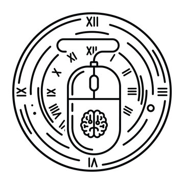 Computer mouse with brain symbol inside clock face outline illustration
