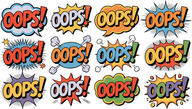 Collection of comic speech bubbles with text oops exclamation inside colorful explosive graphic design elements for stickers posters and expressive creative art projects work.