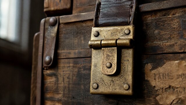 A heavy brass hasp fastened on the leather strap of an aged wooden crate.