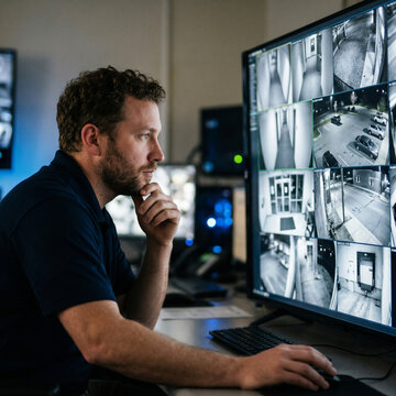 Security guard monitoring multiple CCTV camera feeds on a large screen in a control room