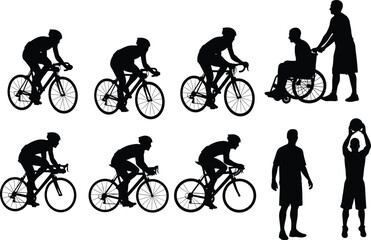 Obraz premium Silhouette vector set of cyclists riding bicycles man pushing person in wheelchair and basketball players on white background