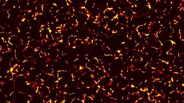 Red fire motion magma background. The fire of hell view of active volcano. Shining orange lava blasting out of the volcanic. Red hot lava rocks with waves. Aerial view of burning fire boils.