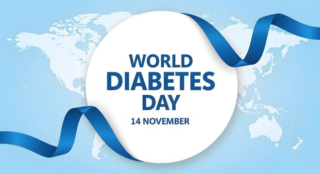 World diabetes day banner with blue ribbon on world map background