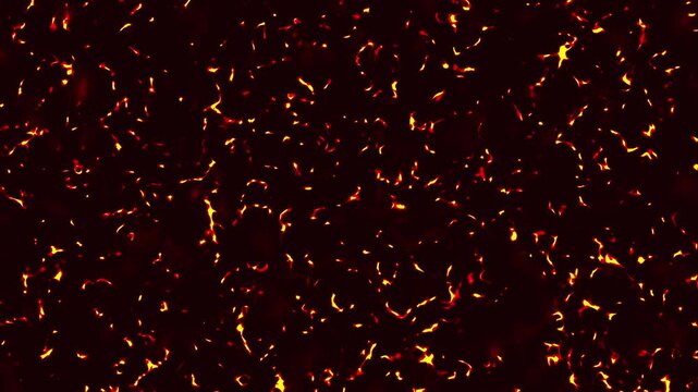 Red fire motion magma background. The fire of hell view of active volcano. Shining orange lava blasting out of the volcanic. Red hot lava rocks with waves. Aerial view of burning fire boils.