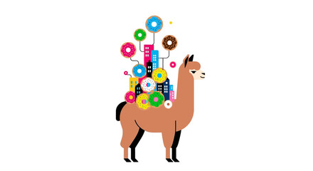 Naklejka premium Llama Carrying Colorful Donuts and Abstract Cityscape on Back