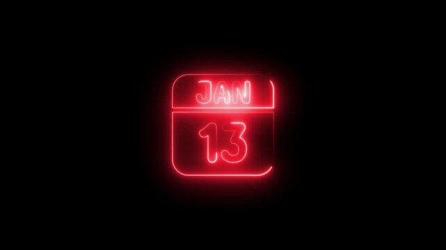 Neon calendar date january 13th glowing red sign animation