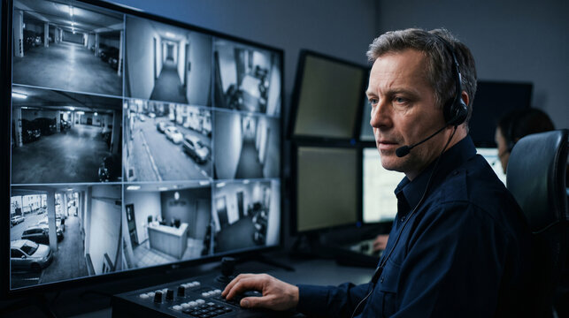 Security Guard Monitoring Multiple Surveillance Camera Feeds in Control Room