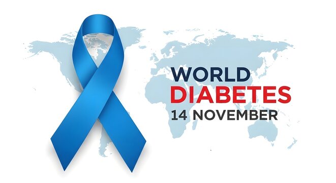 World diabetes day concept with blue ribbon and world map background