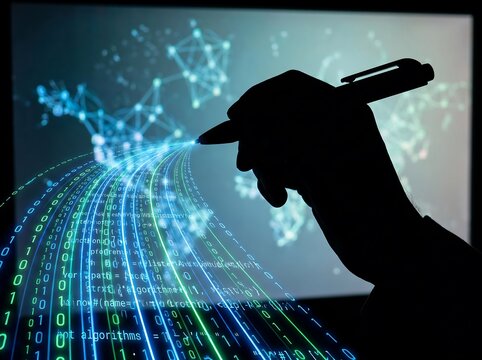 Silhouette hand interacts with a glowing digital data stream of binary code on a futuristic screen display