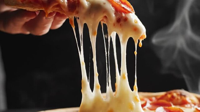 Melting cheese pull on hot slice of pizza